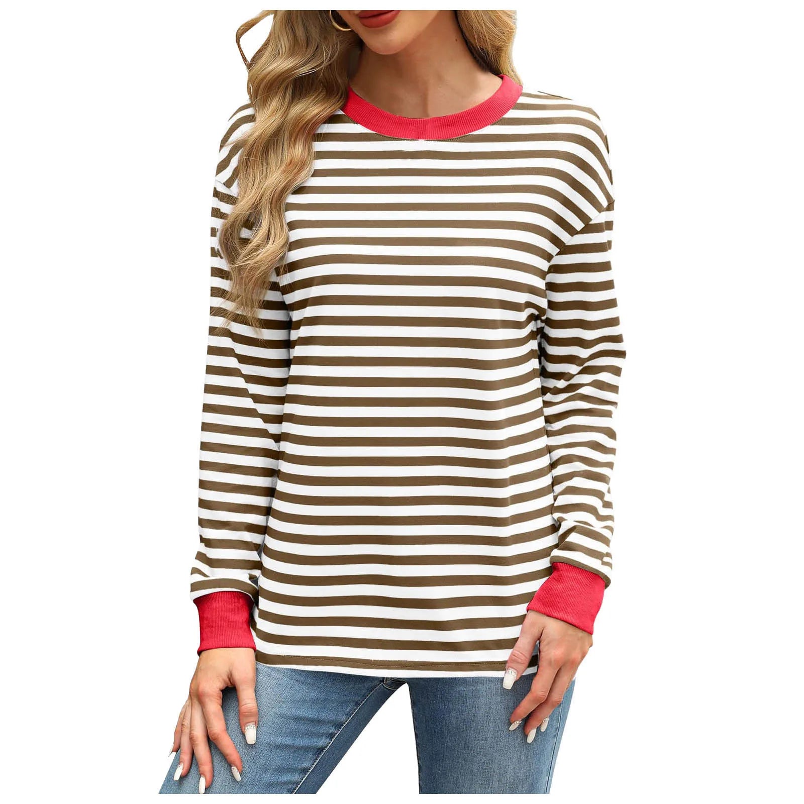 Women Casual Top Fashion Contrast Loose Round Neck Long Sleeve Stripe Printed Top Oversized Loose Pullover Autumn Clothes