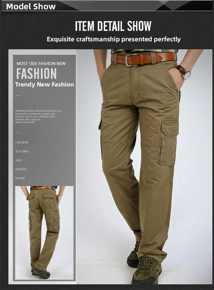 Loose Fit Men's Casual Cotton Work Trousers Outdoor Leisure Pants Multi ket Straight Leg Long Trousers Wear Resistant