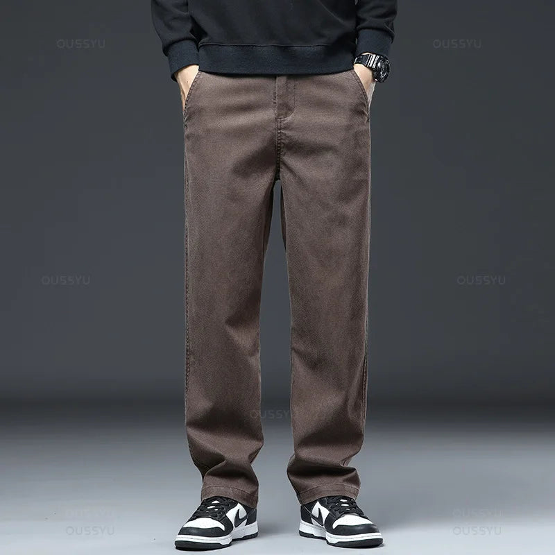 Spring Autumn New Upgraded Lyocell Fabric Jeans Men Loose Straight Elastic Waist Casual Denim Pants Trousers Male Large Size 5XL