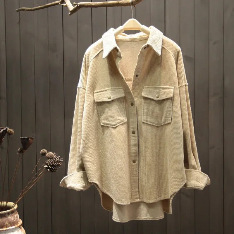 Vintage Artistic Corduroy Shirt Women's Long Sleeve Korean Version Loose Fit Slimming Base Layer Top Spring Autumn New Jacket