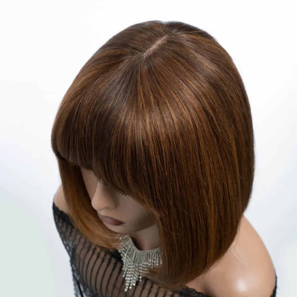 Brown Highlight Put On 100% Human Hair and Go Realistic Yaki Straight Short Bob with Bangs Minimalist Lace  Human Hair Wig