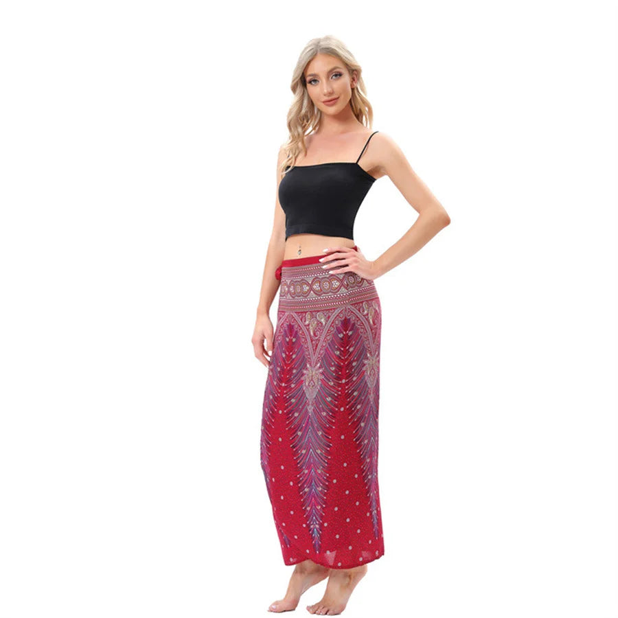 Women’s Boho Maxi Wrap Long Skirt Tie Up Beach Cover Up Dress Vintage Bohemian Adjustable High Waisted Holiday Rayon Dress