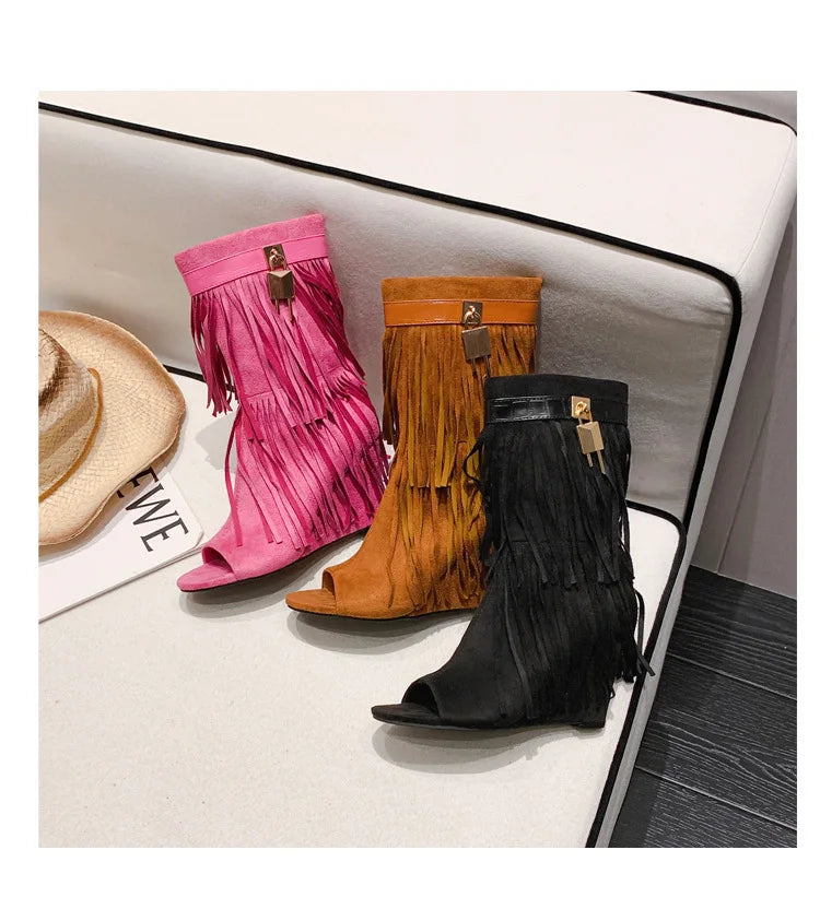 Designer Fringe Wedges Boot Sandals Woman High Heels Open Toe Party Prom Shoes 2025 Sexy Zipper Female Pumps Women Boots