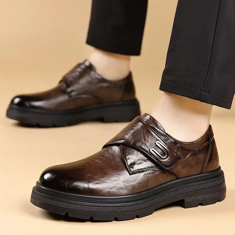 Black Men's Business Shoes Outdoor Soft Sole Breathable Thick Sole Leather Shoes Spring and Autumn Low-top Slip-on Casual Shoes