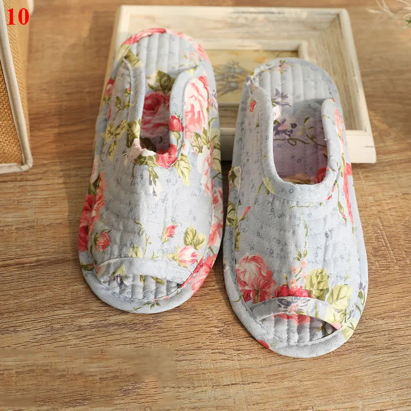 1 Pair Vintage Floral Home Slippers Spring Autumn Soft Cotton Toe Sole Slippers Women Flat Shoes Indoor Bedroom Slippers