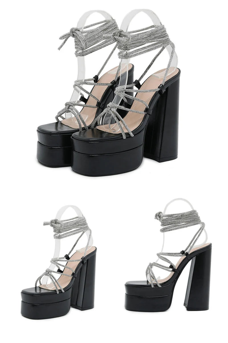 MM2025 New Arrival Rhinestone Embellished Knot T-Strap Heels Roman Peep-toe Summer Sandals Shiny Perfomance Anniversary Footwear