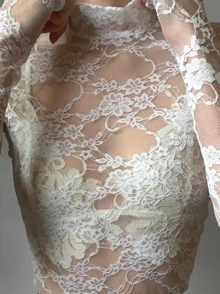 Sexy Long Sleeve Rose Lace Shirt Women's Slim Fit Shirt Translucent Summer New Arrival Summer Fashion Female Top