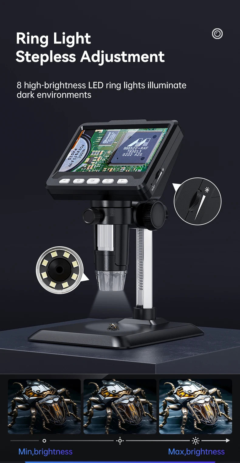 4.3 Inch IPS Digital Microscope 2MP HD Lens 1000X Magnification 8LED Adjust Light Electronic Microscopio Repair Coin Magnifier