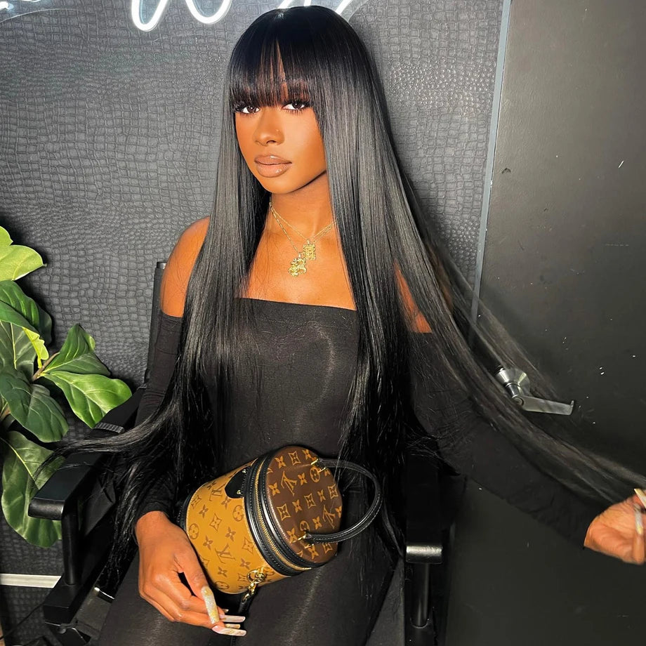 Wig With Bangs Short Bob Human Hair for Women Brazilian Natural Cheap Full Machine Made Wigs Straight 30 Inch Long Fringe Wig