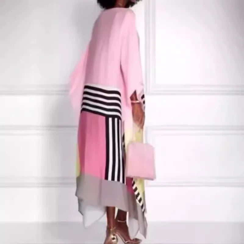Candy Stripe Print Patchwork Kaftan Dresses Women’s Spring Round Neck Irregular Long Dress Summer Batwing Sleeve Boho Maxi Dress