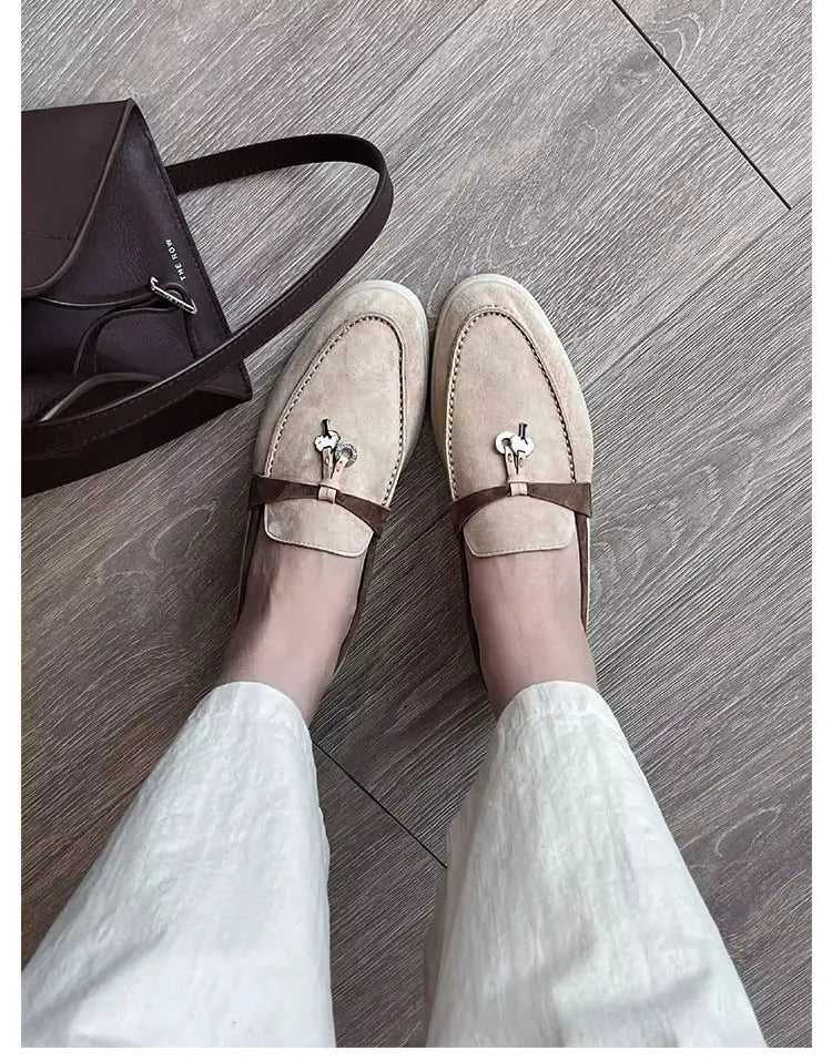 Summer Walk Genuine Leather Casual Slip-On Loers Women's Faion Single oes Comfortable round Toe Flat Heel All-Match Color